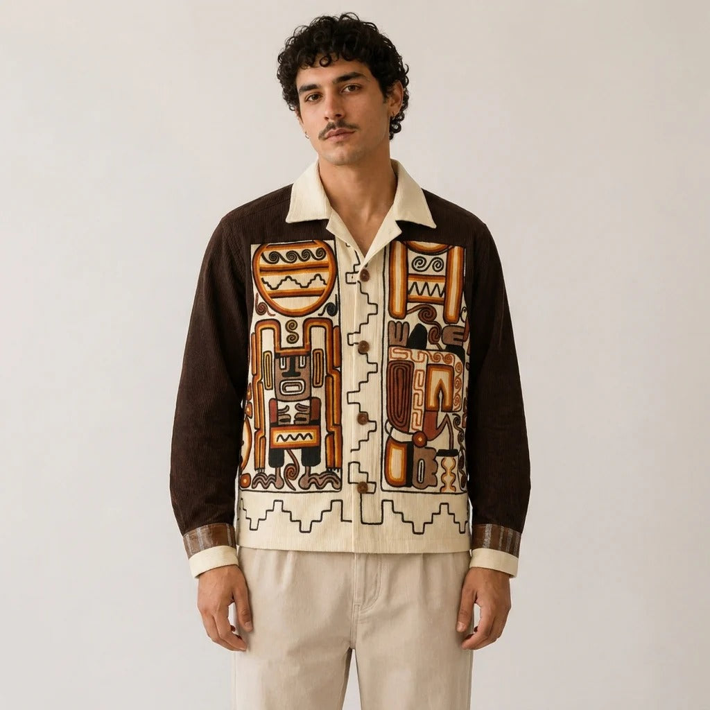 Infishirt Abstract Tribal Art Corduroy Shirt Jacket for Men