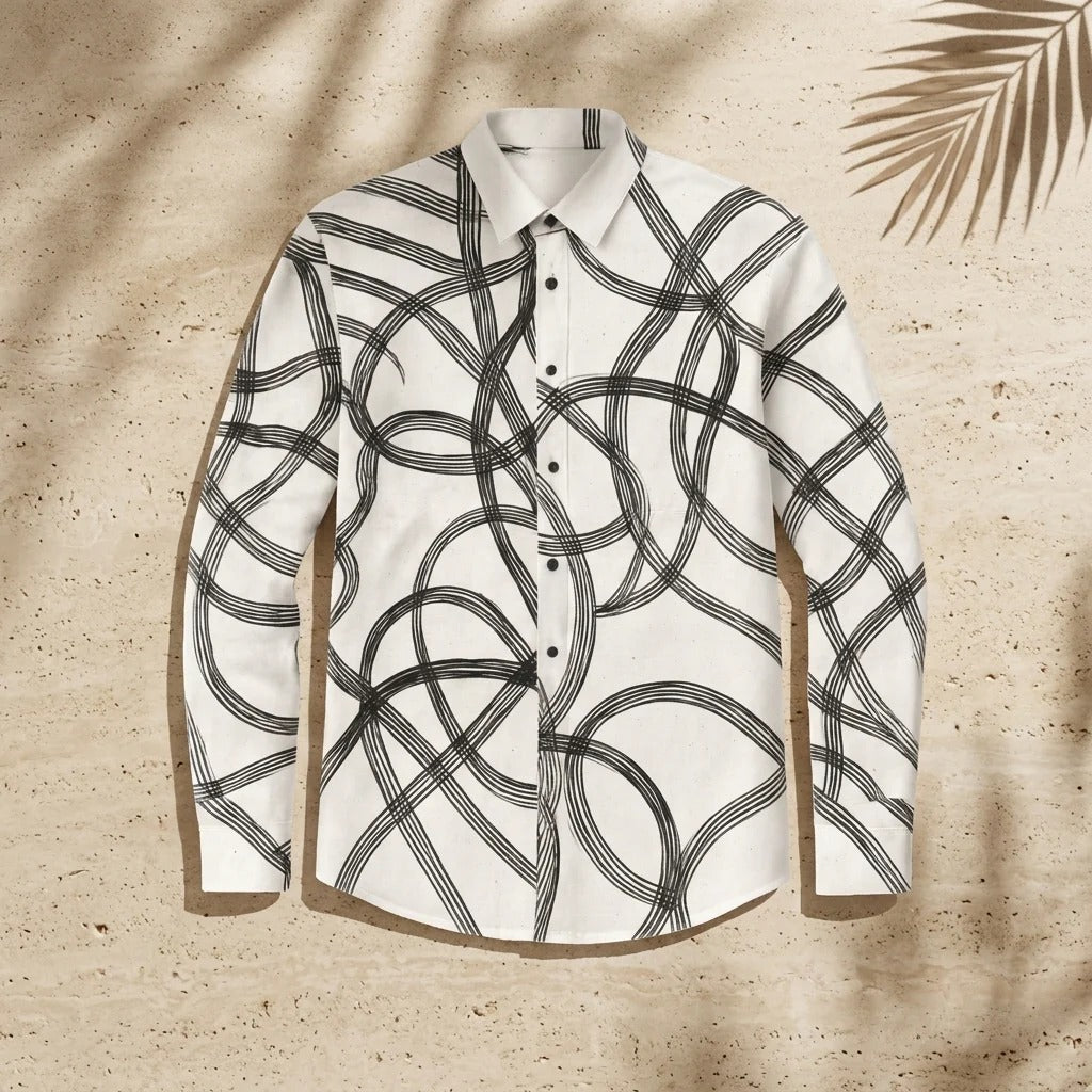 Infishirt Abstract Loop Line Printed White Full Sleeve Shirt for Men