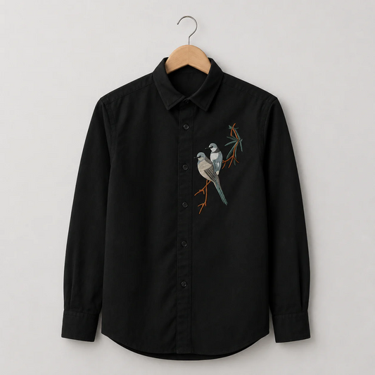 Infishirt Bird Embroidered Premium Black Full Sleeve Shirt for Men