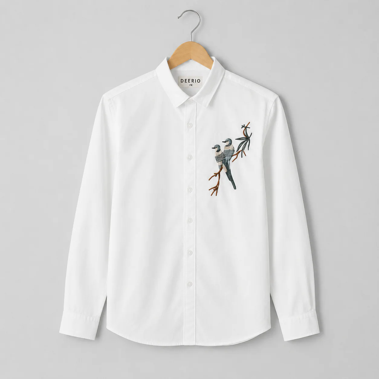 Infishirt Bird Embroidered Premium White Full Sleeve Shirt for Men