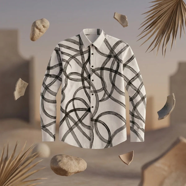 Infishirt Abstract Loop Line Printed White Full Sleeve Shirt for Men