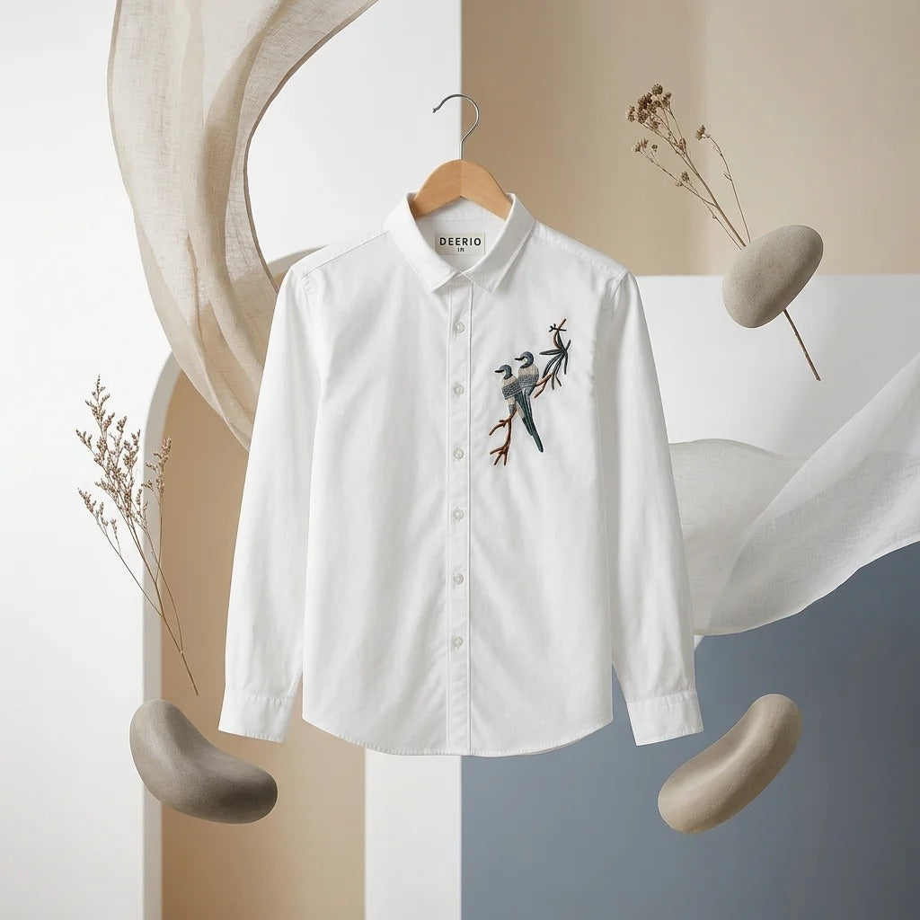 Infishirt Bird Embroidered Premium White Full Sleeve Shirt for Men