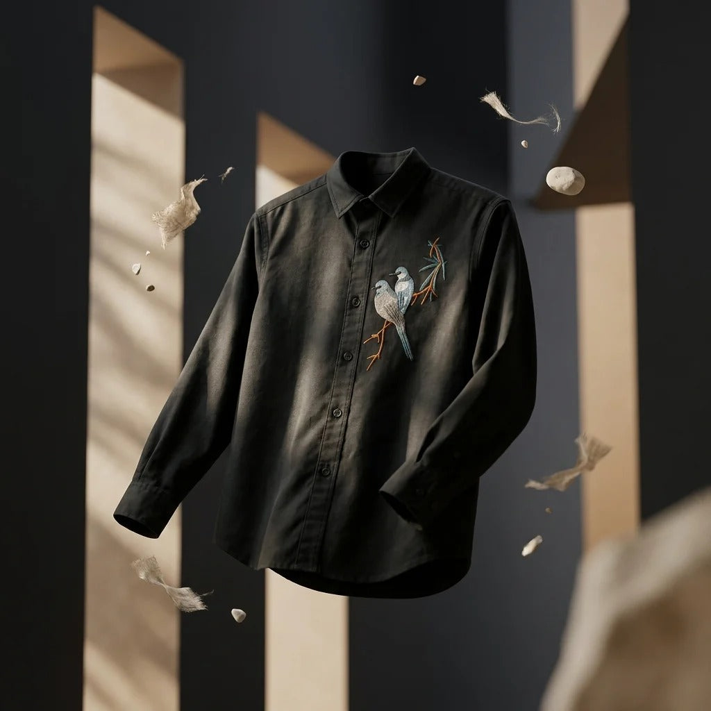 Infishirt Bird Embroidered Premium Black Full Sleeve Shirt for Men