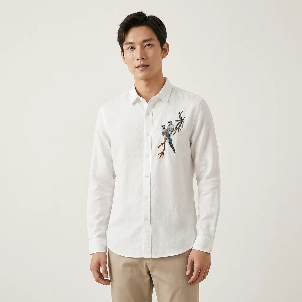 Infishirt Bird Embroidered Premium White Full Sleeve Shirt for Men