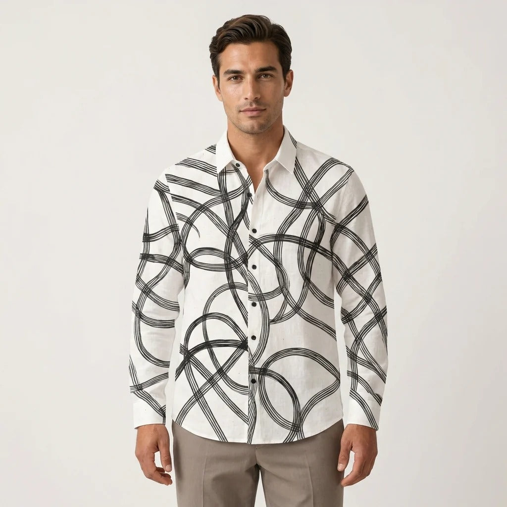 Infishirt Abstract Loop Line Printed White Full Sleeve Shirt for Men
